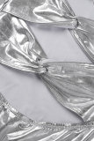 Silver Sexy Street Party Solid Hollowed Out Patchwork Strapless One Step Skirt Dresses