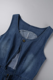The cowboy blue Sexy Casual Solid Hollowed Out V Neck Sleeveless Skinny Denim Jumpsuits