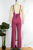 Cyan Sexy Casual Solid Backless V Neck Regular Jumpsuits