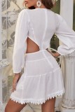 White Sexy Casual Solid Hollowed Out V Neck Long Sleeve Dresses