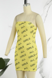 Yellow Sexy Casual Letter Print Backless Strapless Sleeveless Dress Dresses