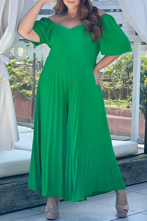Green Casual Solid Pleated V Neck Plus Size Jumpsuits