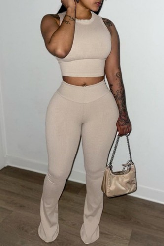 Khaki Casual Solid Basic O Neck Sleeveless Two Pieces