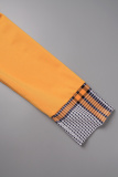 Orange Casual Work Elegant Plaid Print Patchwork Shirt Collar Skinny Jumpsuits