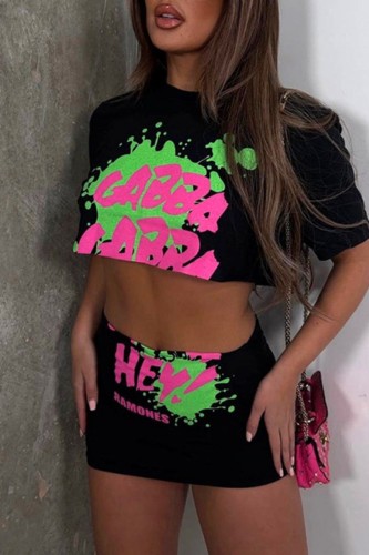 Pink Casual Print Basic O Neck Short Sleeve Two Pieces