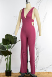 Rose Red Sexy Casual Solid Backless V Neck Regular Jumpsuits