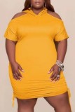 Yellow Casual Solid Hollowed Out Hooded Collar Short Sleeve Dress Plus Size Dresses