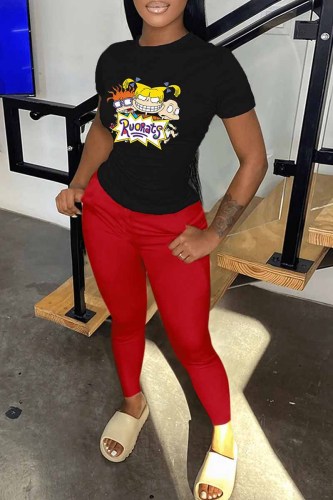 Red Casual Character Print Letter O Neck Short Sleeve Two Pieces