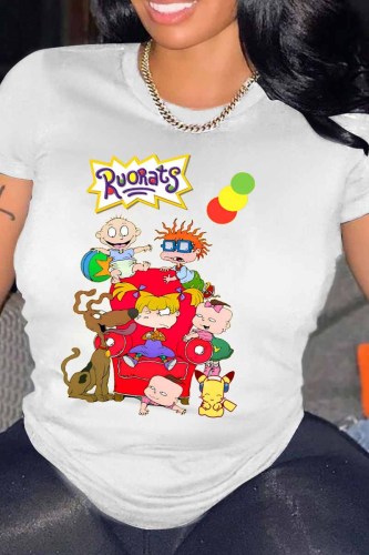 White Casual Character Print Letter O Neck T-Shirts