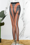 Khaki Casual Street Sportswear Striped See-through Skinny Mid Waist Pencil Positioning Print Bottoms