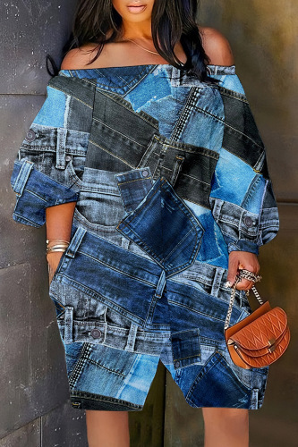Blue Black Casual Print Backless Off the Shoulder Regular Rompers