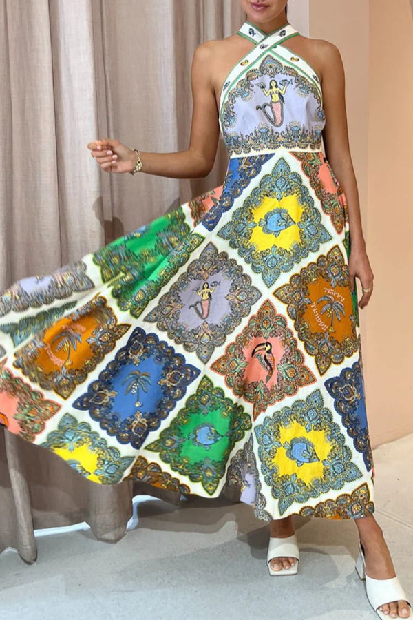 Multicolor Sweet Cute Geometric Printing Halter Sleeveless Dress Dresses