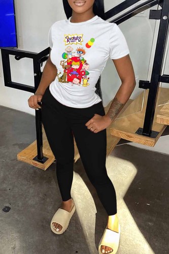 Black Casual Character Print Letter O Neck Short Sleeve Two Pieces