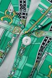 Green Casual Work Elegant Print Buttons Turn-back Collar Outerwear(With Belt)