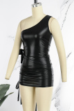 Black Sexy Street Party Solid Draw String Fold Reflective Oblique Collar Sleeveless Two Pieces