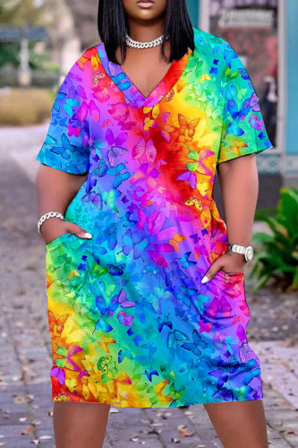 Colour Casual Print Basic V Neck Short Sleeve Dress