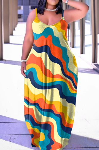 Orange Yellow Sexy Casual Print Backless Spaghetti Strap Long Dress Dresses