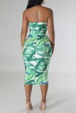 Green Sexy Casual Print Backless Strapless Sleeveless Dress Dresses