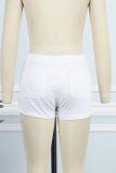 White Casual Work Street Solid Pocket Buttons Regular Denim Shorts