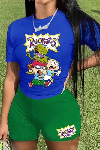 Green Casual Character Print Letter O Neck Short Sleeve Two Pieces