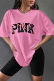 Pink Casual Print Letter O Neck Short Sleeve Two Pieces