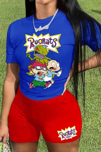 Red Casual Character Print Letter O Neck Short Sleeve Two Pieces