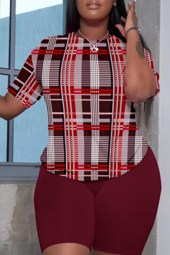 Burgundy Casual Print Basic O Neck Short Sleeve Two Pieces