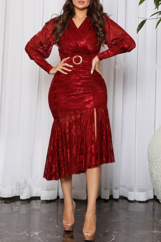 Red Elegant Solid Slit Fold V Neck Wrapped Skirt Dresses