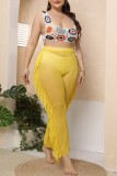 Yellow Casual Solid Tie Dye Patchwork See-through Plus Size