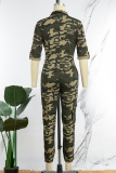 Camouflage Casual Camouflage Print Patchwork Zipper Collar Regular Jumpsuits