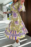 Green Yellow Casual Print Patchwork V Neck Long Sleeve Dresses