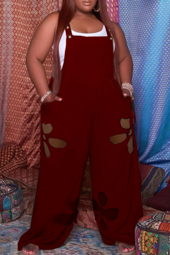 Burgundy Fashion Casual Solid Hollowed Out Patchwork Square Collar Plus Size Jumpsuits