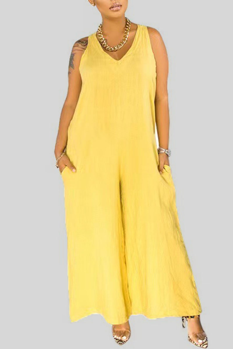 Casual Solid Split Joint V Neck Straight Jumpsuits(3 Colors)