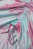 Pink Sexy Casual Sweet Celebrities Tie Dye Draw String Backless Fold Spaghetti Strap Irregular Dress Plus Size Dresses