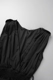 Black Casual Solid Patchwork O Neck Regular Jumpsuits