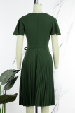 Ink Green Casual Solid Patchwork V Neck Short Sleeve Dress Dresses