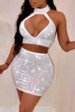 Apricot Sexy Patchwork Hot Drilling Hollowed Out Backless Halter Sleeveless Two Pieces