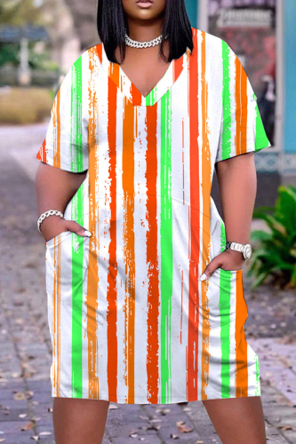 Orange Casual Print Basic V Neck Short Sleeve Dress