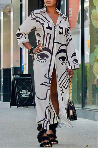 White Elegant Print Pocket Buttons Slit Turndown Collar Shirt Dress Dresses