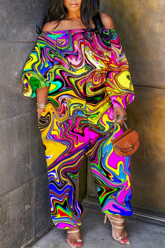Colour Casual Print Backless Off the Shoulder Regular Jumpsuits