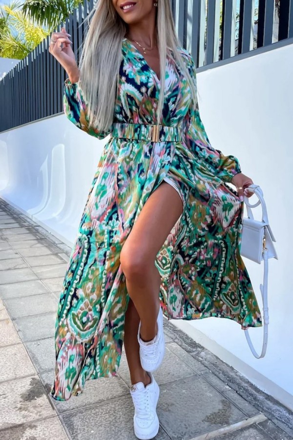 Green Casual Print Patchwork V Neck Long Sleeve Dresses