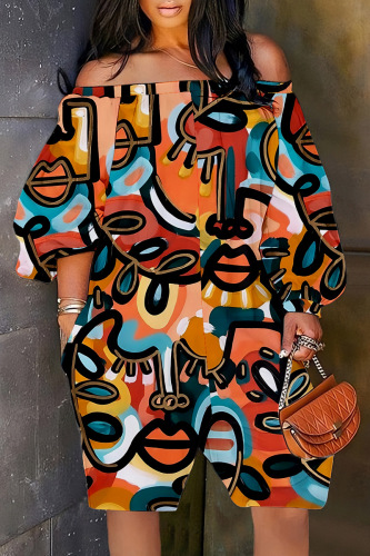 Orange Casual Print Backless Off the Shoulder Regular Rompers
