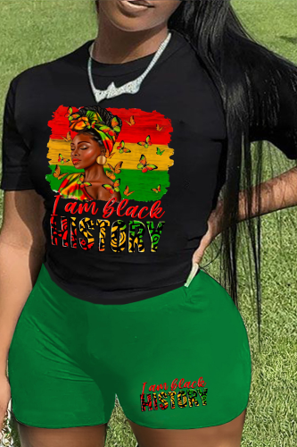 Black Green Street Print Patchwork O Neck Plus Size Two Pieces