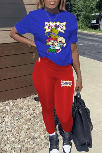 Red Casual Character Print Letter O Neck Short Sleeve Two Pieces