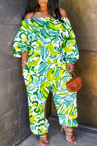 Green Casual Print Backless Off the Shoulder Regular Jumpsuits