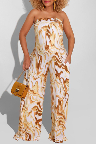 Coffee Tie Dye Print Sleeveless Casual Vacation Tube Wide Leg Jumpsuit