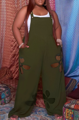 Army Green Fashion Casual Solid Hollowed Out Patchwork Square Collar Plus Size Jumpsuits