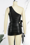 Dark Gray Sexy Street Party Solid Draw String Fold Reflective Oblique Collar Sleeveless Two Pieces