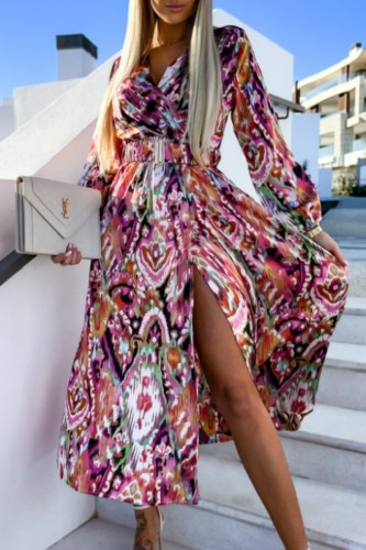 Fuchsia Casual Print Patchwork V Neck Long Sleeve Dresses