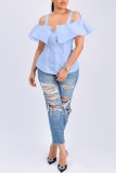 Blue Casual Solid Backless Off the Shoulder Tops
